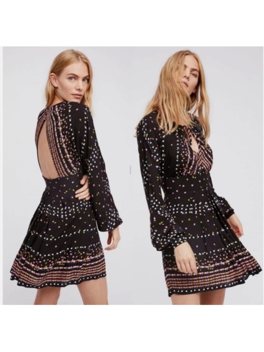 Free People Black Floral Mini Dress Size 2 Boho Long Sleeve Fit & Flare Keyhole